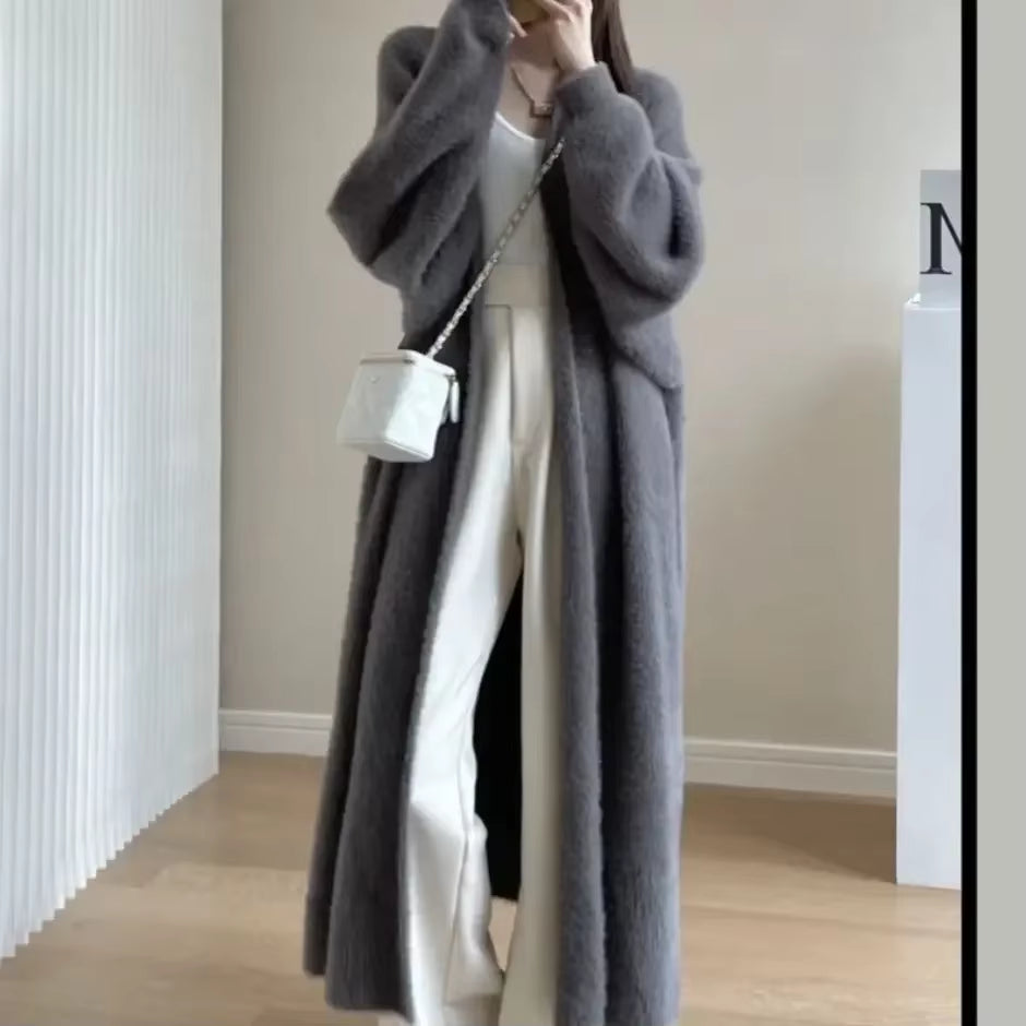 Women'S Sweater Autumn and Winter Long Mink-Like Wool Cardigan Loose Thick Mid-Length Idle Style Knitted Coat