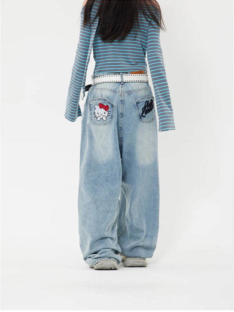 Sanrio Hello Kitty Y2K Baggy Jeans High Waist Wide Leg Pants Women American Street Retro Femme Hello Kitty Stuff Y2K Clothes