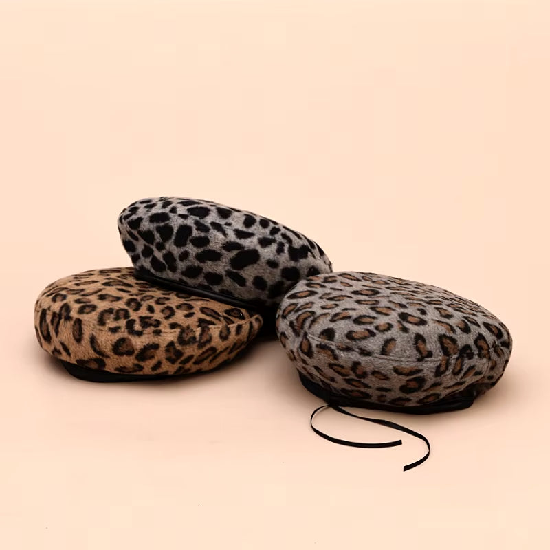 Women'S Leopard Print Hat Fashion Beret Vintage Hats Leopard Felt Hat Beanie Girls Cap French Berets with Adjustable Rope