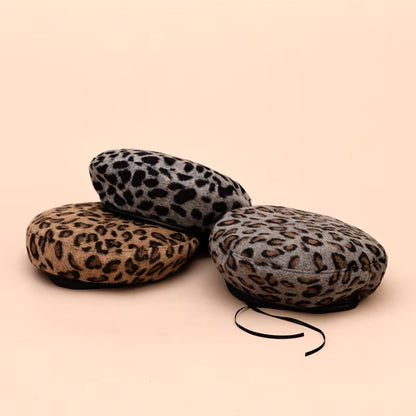 Women'S Leopard Print Hat Fashion Beret Vintage Hats Leopard Felt Hat Beanie Girls Cap French Berets with Adjustable Rope
