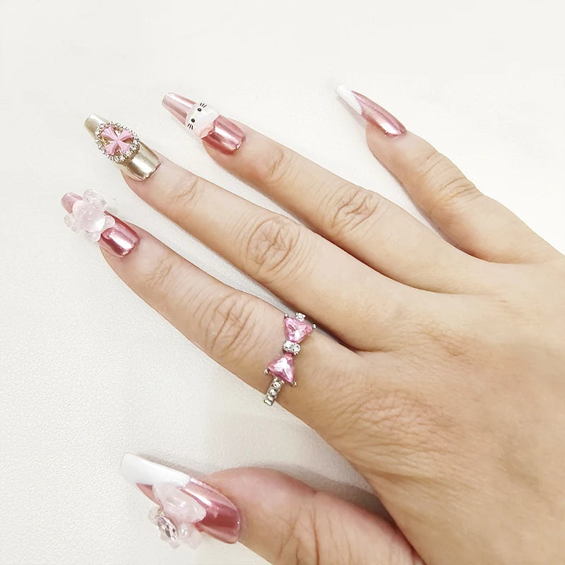 Handwork Press-On Nails Hello Kitty Cartoon Anime Cute French Manicure Fake Nail Pink Laser Glitter Shining Y2K Cool Girl Nails