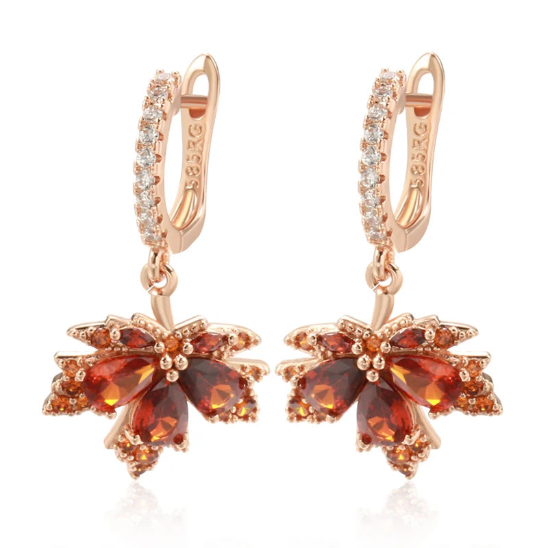 Original Design Shiny Red Natural Zircon Maple Leaf Earrings for Women Fashion 585 Rose Gold Color Fall Daily Fine Jewelry