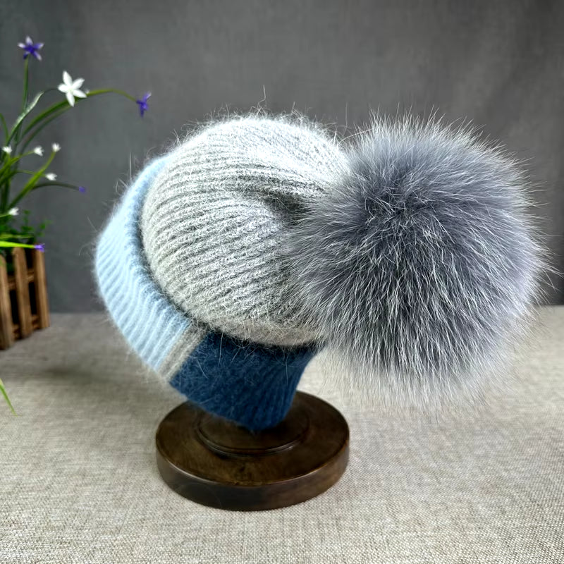 True Fox Hair Ball Knitted Hat for Women'S Autumn and Winter Versatile Ear Protection Rabbit Hair Colored Knitted Hat