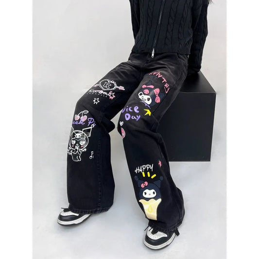 Sanrio Kuromi Printed Retro Wide Leg Jeans High Waist Button Sreetwear Denim Trousers Loose Straight Harajuku Pants for Women