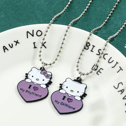 Hello Kitty Couple Pendant Necklace I Love My Boyfriend Girlfriend Necklace Kawaii Sanrio KT Cat Neck Chains for Valentines Gift