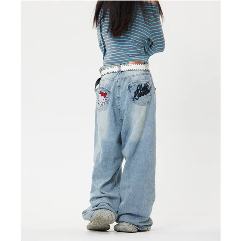 Sanrio Hello Kitty Y2K Baggy Jeans High Waist Wide Leg Pants Women American Street Retro Femme Hello Kitty Stuff Y2K Clothes