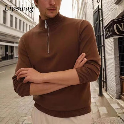 Fashion Solid Color Long Sleeve Knitted Jumper Tops Men Fall Casual Zipper Stand Collar Sweaters for Mens Knit Sweater Pullovers