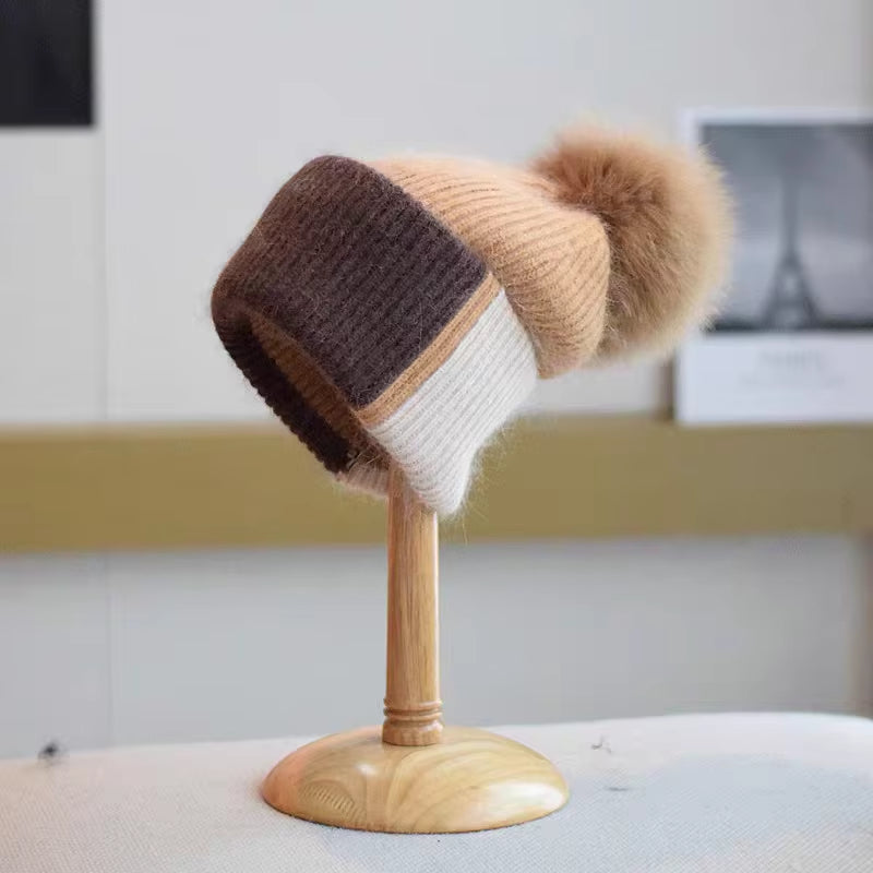 True Fox Hair Ball Knitted Hat for Women'S Autumn and Winter Versatile Ear Protection Rabbit Hair Colored Knitted Hat