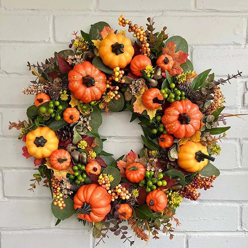 40Cm Fall Wreaths for Front Door Autumn Wreath with Berry Pumpkin, Maple Leaves, Thanksgiving Harvest Festival Home Decoration