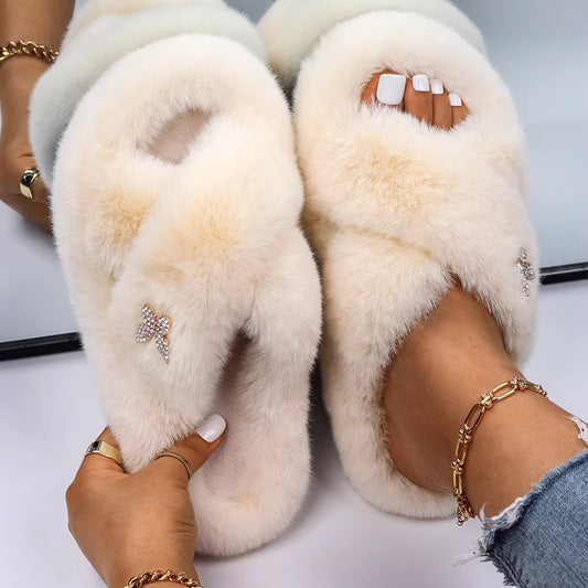 Furry Slippers Fur Slides Faux Fur Flip Flops Cute Ladies Butterfly Home Slippers Platform Soft Sandals Flats Winter Shoes 2022