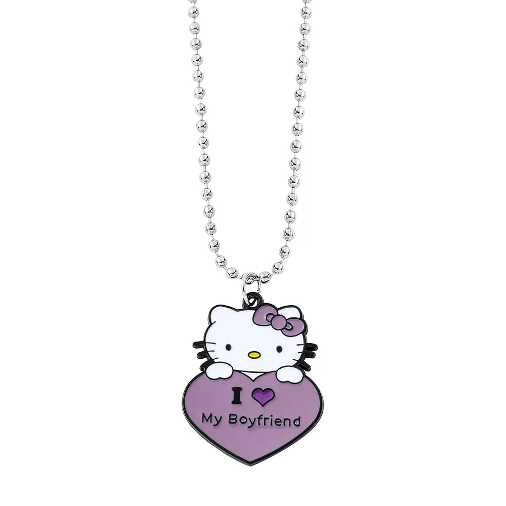 Hello Kitty Couple Pendant Necklace I Love My Boyfriend Girlfriend Necklace Kawaii Sanrio KT Cat Neck Chains for Valentines Gift