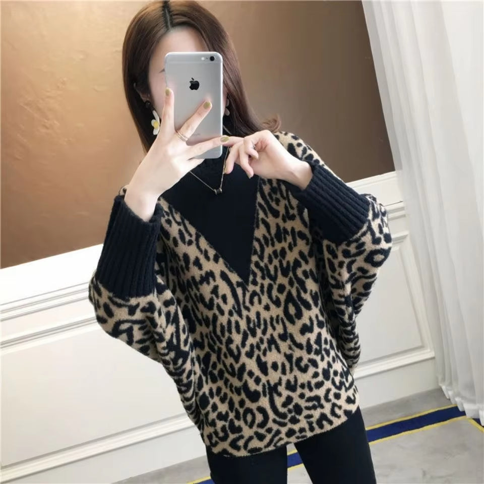 Autumn Winter New Woolen Sweater for Women High Neck Loose Pullover Knitted Bat Shirt Leopard Pattern Western Fashion Tops