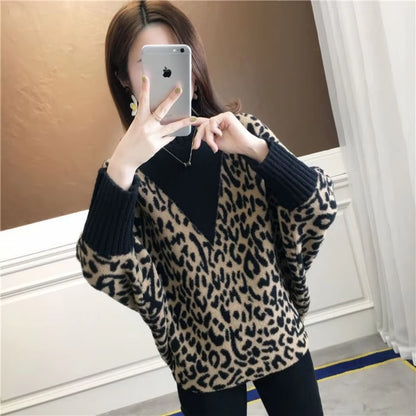 Autumn Winter New Woolen Sweater for Women High Neck Loose Pullover Knitted Bat Shirt Leopard Pattern Western Fashion Tops