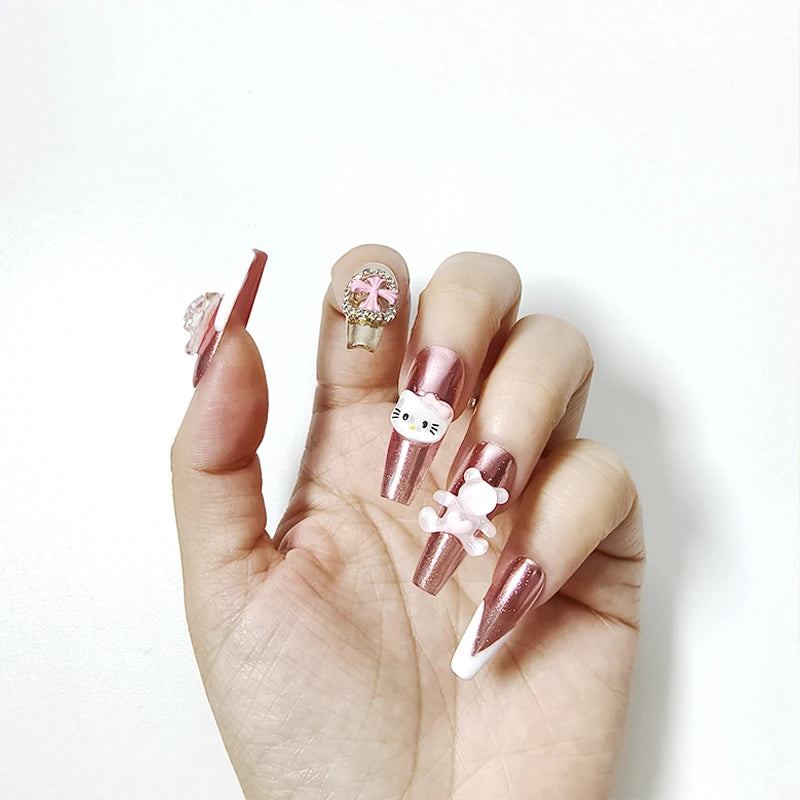 Handwork Press-On Nails Hello Kitty Cartoon Anime Cute French Manicure Fake Nail Pink Laser Glitter Shining Y2K Cool Girl Nails