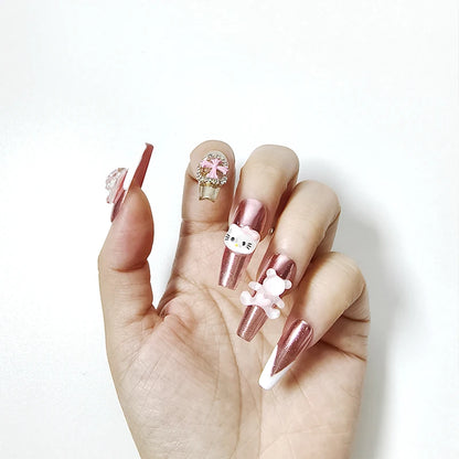 Handwork Press-On Nails Hello Kitty Cartoon Anime Cute French Manicure Fake Nail Pink Laser Glitter Shining Y2K Cool Girl Nails