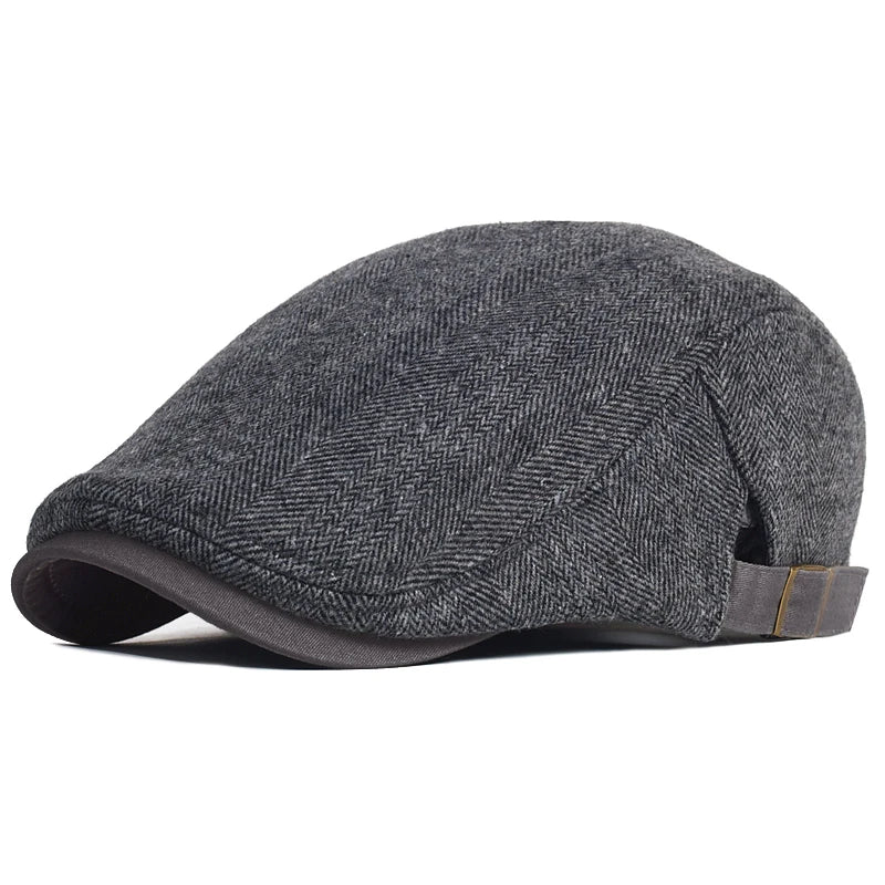 Big Size Newsboy Cap Men Winter Wool Thick Warm Vintage Herringbone Casual Stripe Berets Gatsby Flat Hat Peaked Cap Adjustable