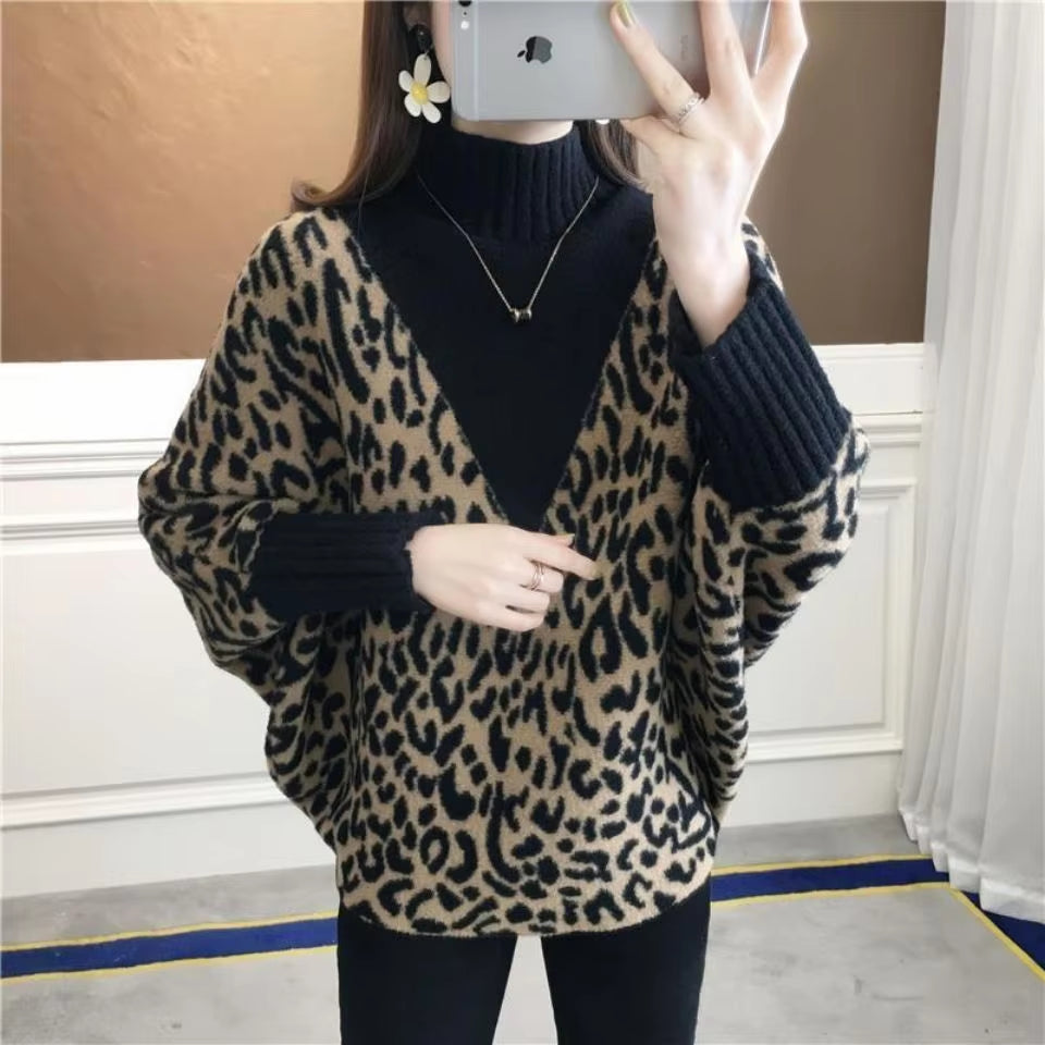 Autumn Winter New Woolen Sweater for Women High Neck Loose Pullover Knitted Bat Shirt Leopard Pattern Western Fashion Tops