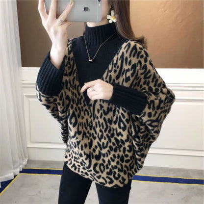 Autumn Winter New Woolen Sweater for Women High Neck Loose Pullover Knitted Bat Shirt Leopard Pattern Western Fashion Tops