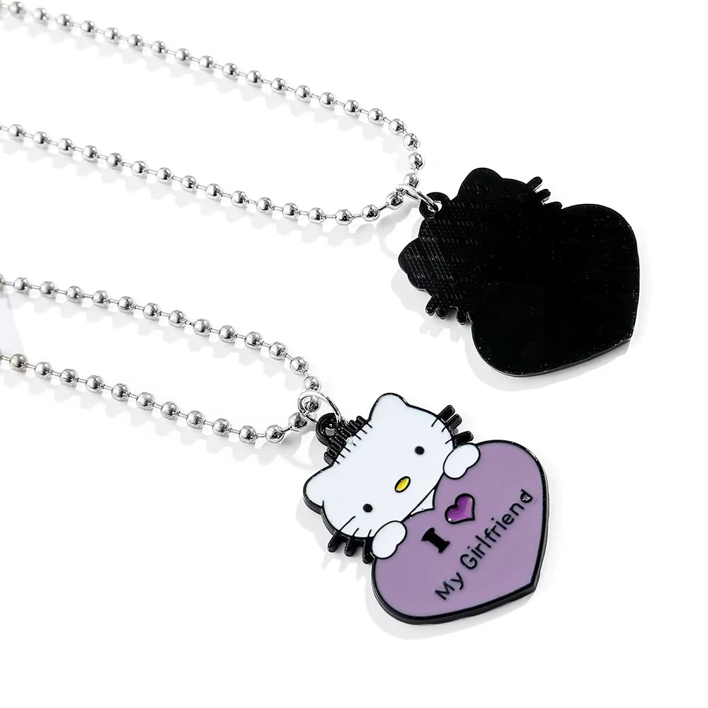 Hello Kitty Couple Pendant Necklace I Love My Boyfriend Girlfriend Necklace Kawaii Sanrio KT Cat Neck Chains for Valentines Gift