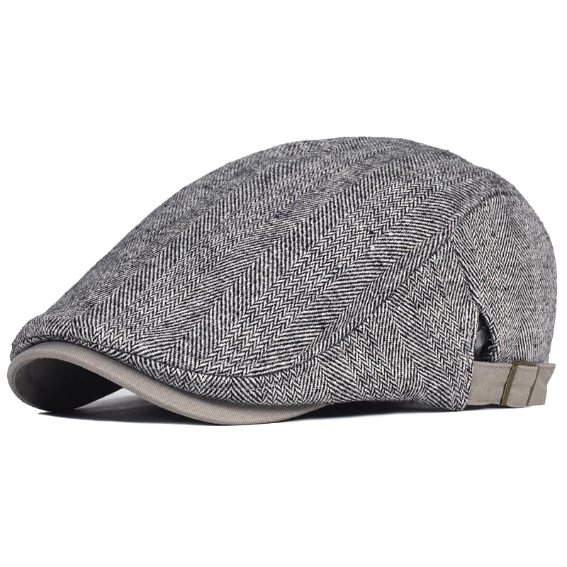 Big Size Newsboy Cap Men Winter Wool Thick Warm Vintage Herringbone Casual Stripe Berets Gatsby Flat Hat Peaked Cap Adjustable