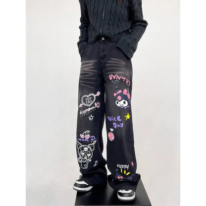 Sanrio Kuromi Printed Retro Wide Leg Jeans High Waist Button Sreetwear Denim Trousers Loose Straight Harajuku Pants for Women