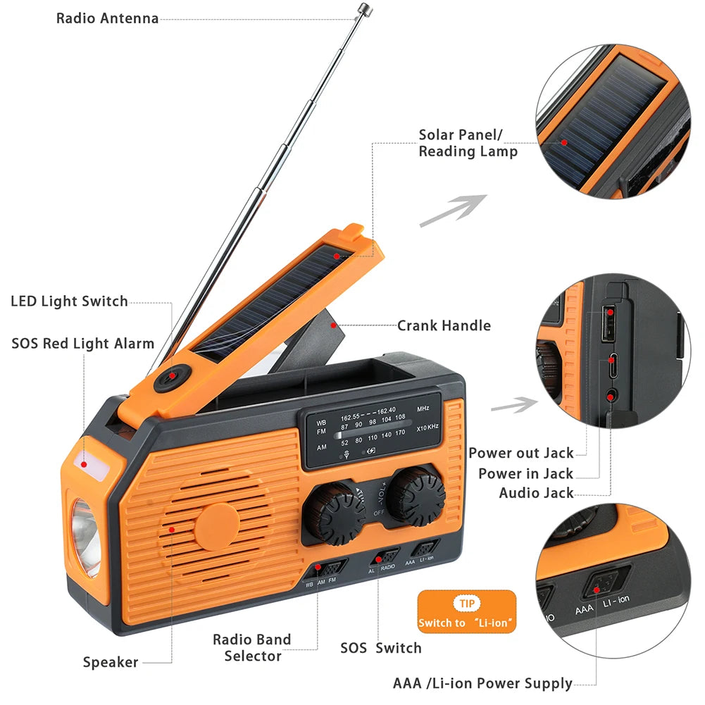 5000Mah Multifunctional Radio Hand Crank Solar USB Charging FM AM WB NOAA Weather Radio Emergency LED Flashlight Torch Power Ban