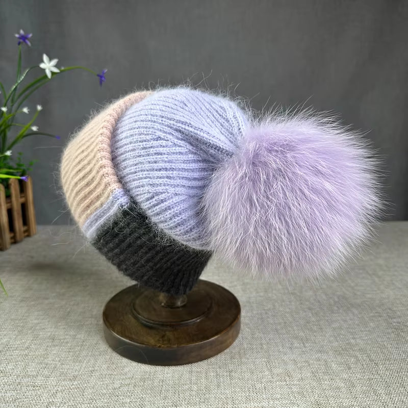 True Fox Hair Ball Knitted Hat for Women'S Autumn and Winter Versatile Ear Protection Rabbit Hair Colored Knitted Hat