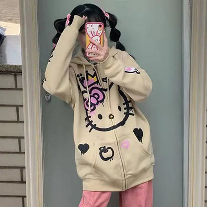 Sanrio Hello Kitty Hooded Sweatshirt Zipper Y2K Women Retro Casual Cardigan Girl Long Sleeve Jackets Autumn Coat Top Clothes