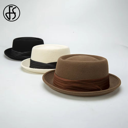 2023 Roll Brim Black Pork Pie Hat for Men Ivory White Wool Fedoras Deep Camel Jazz Cap Church Panama Gangsters Caps Gentlemen