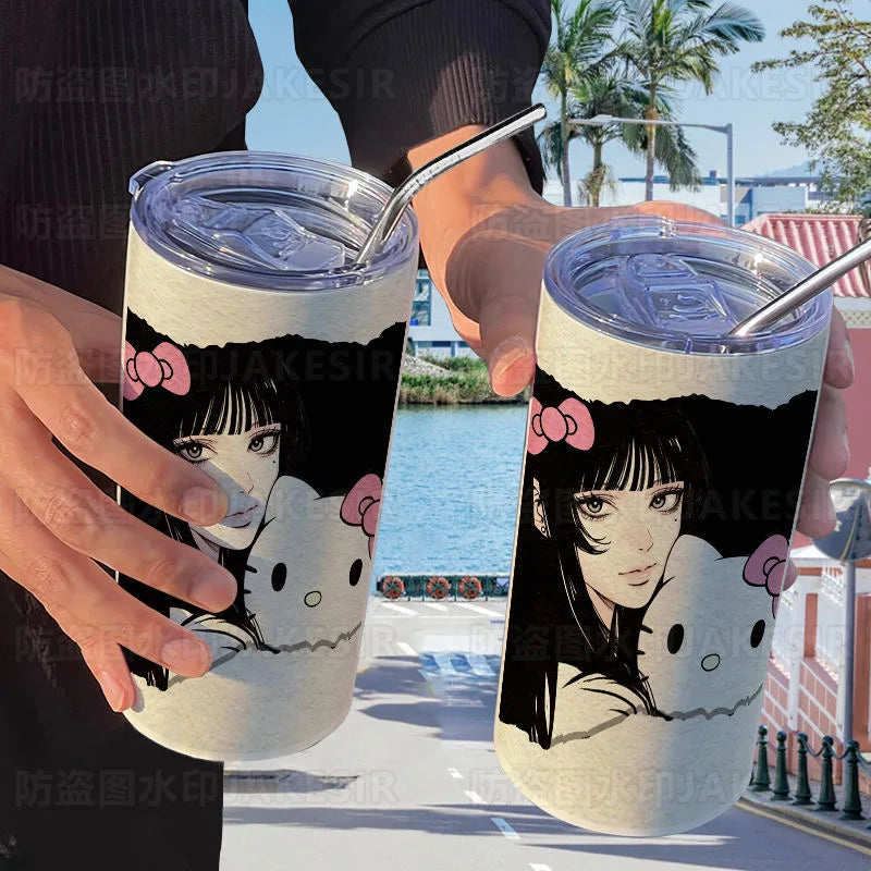 420Ml Hello Kitty Junji Ito Tomie Thermos Cartoon with Straw 304 Stainless Steel Portable Coffee Cup Student Water Cup