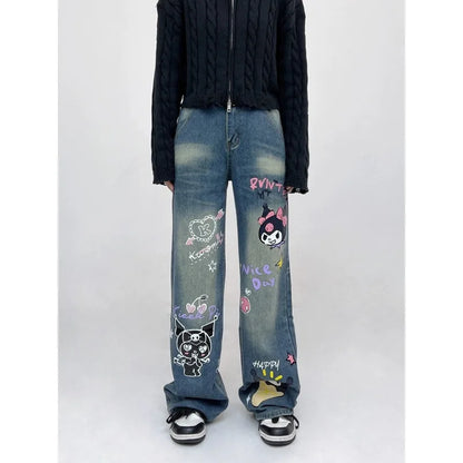 Sanrio Kuromi Printed Retro Wide Leg Jeans High Waist Button Sreetwear Denim Trousers Loose Straight Harajuku Pants for Women