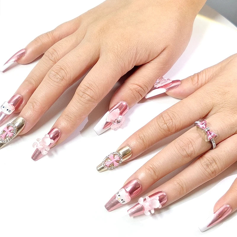 Handwork Press-On Nails Hello Kitty Cartoon Anime Cute French Manicure Fake Nail Pink Laser Glitter Shining Y2K Cool Girl Nails