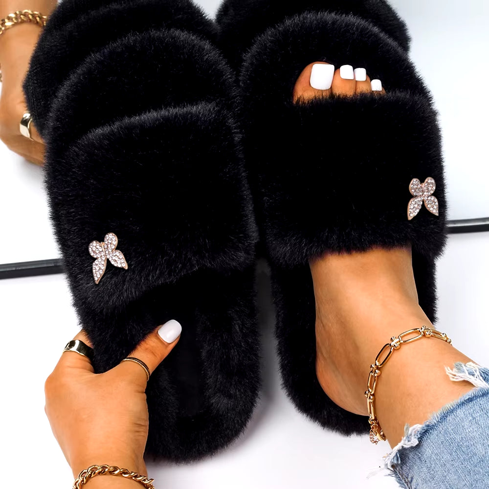 Furry Slippers Fur Slides Faux Fur Flip Flops Cute Ladies Butterfly Home Slippers Platform Soft Sandals Flats Winter Shoes 2022