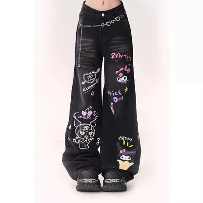 Sanrio Kuromi Printed Retro Wide Leg Jeans High Waist Button Sreetwear Denim Trousers Loose Straight Harajuku Pants for Women