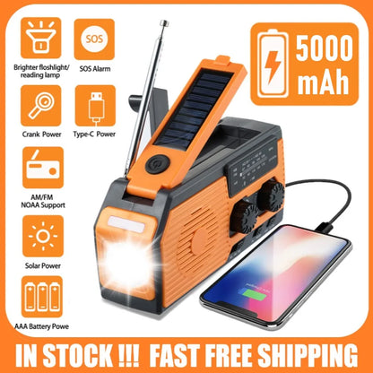 5000Mah Multifunctional Radio Hand Crank Solar USB Charging FM AM WB NOAA Weather Radio Emergency LED Flashlight Torch Power Ban