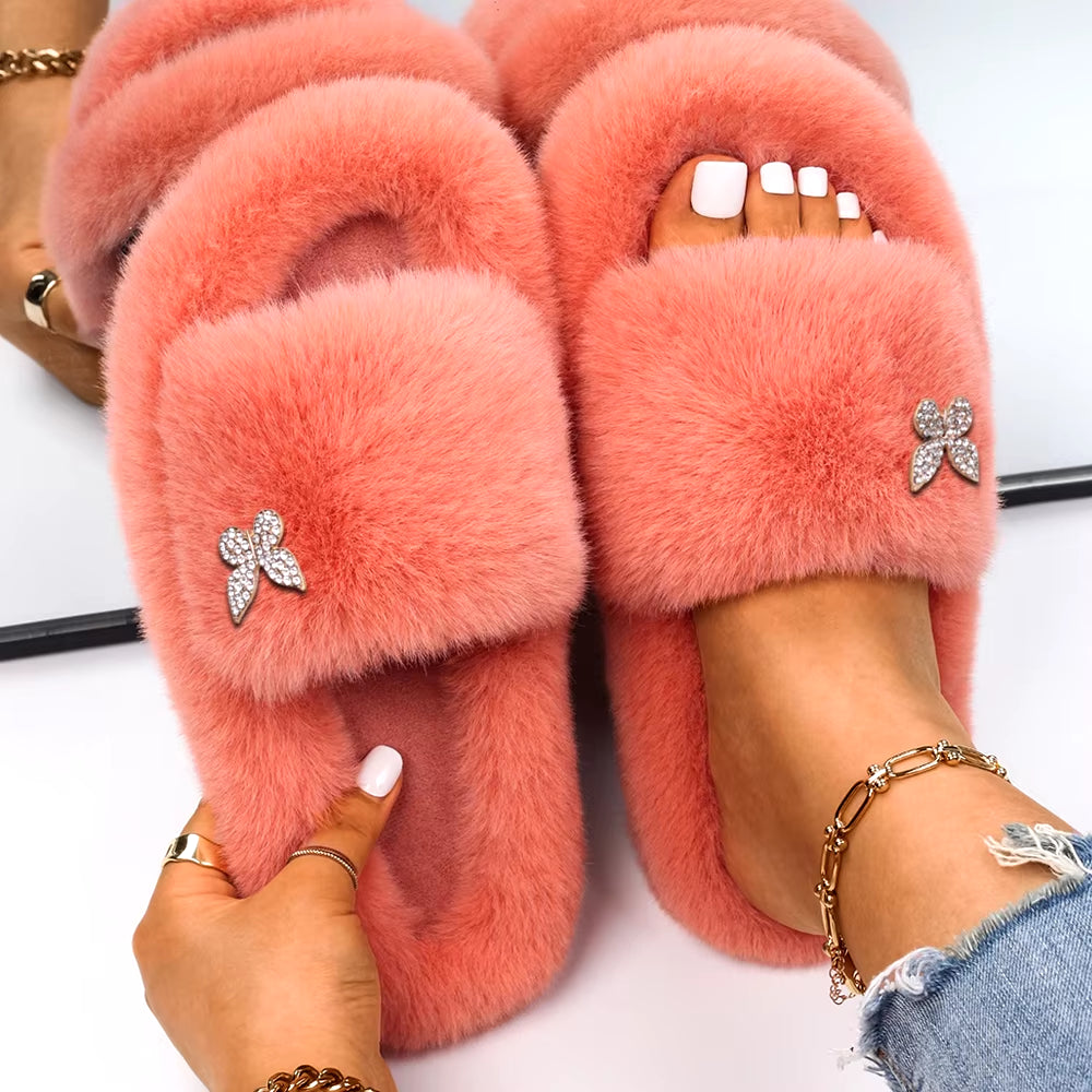 Furry Slippers Fur Slides Faux Fur Flip Flops Cute Ladies Butterfly Home Slippers Platform Soft Sandals Flats Winter Shoes 2022