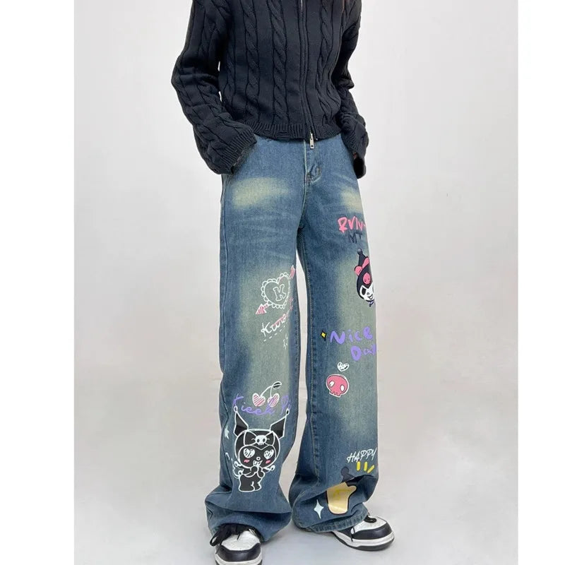 Sanrio Kuromi Printed Retro Wide Leg Jeans High Waist Button Sreetwear Denim Trousers Loose Straight Harajuku Pants for Women