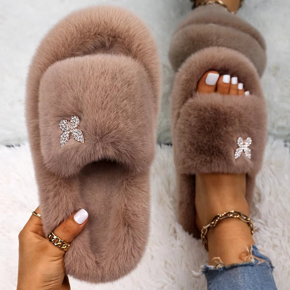 Furry Slippers Fur Slides Faux Fur Flip Flops Cute Ladies Butterfly Home Slippers Platform Soft Sandals Flats Winter Shoes 2022