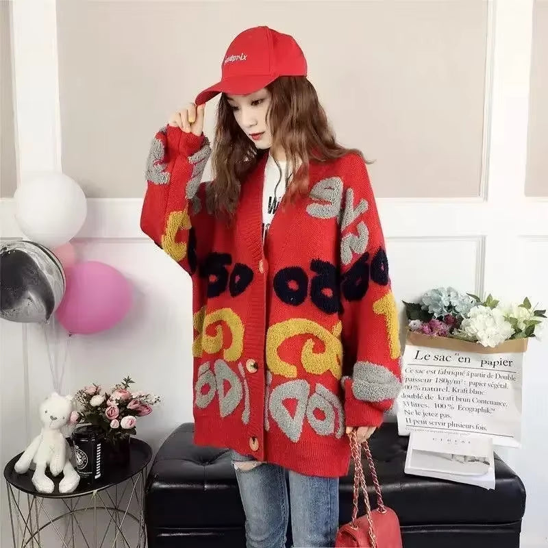 Knit Tops for Woman Red Cardigan Women'S Sweater Anime Long Clothing Y2K Vintage Korean Fashion Cashmere 2024 Style Trend Korea