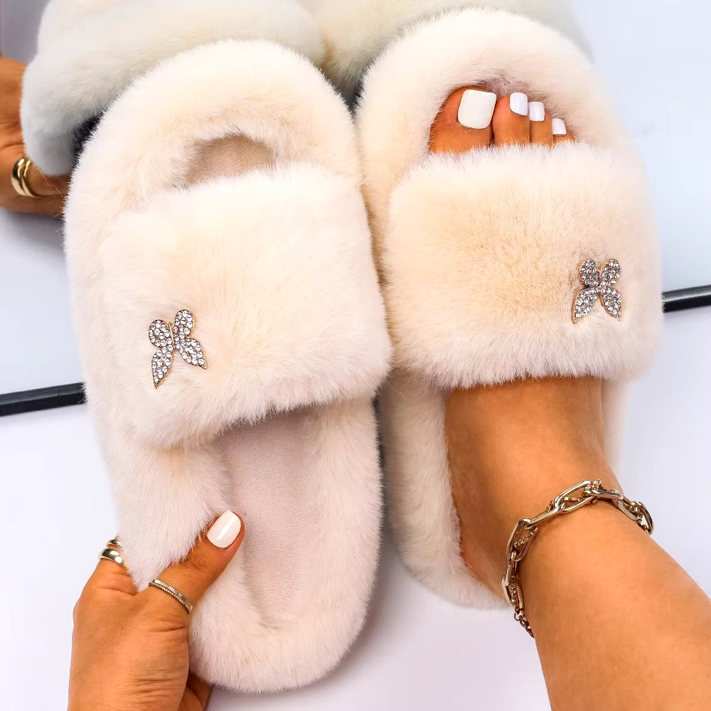 Furry Slippers Fur Slides Faux Fur Flip Flops Cute Ladies Butterfly Home Slippers Platform Soft Sandals Flats Winter Shoes 2022