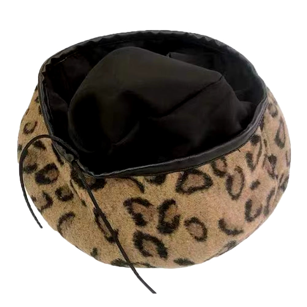 Women'S Leopard Print Hat Fashion Beret Vintage Hats Leopard Felt Hat Beanie Girls Cap French Berets with Adjustable Rope
