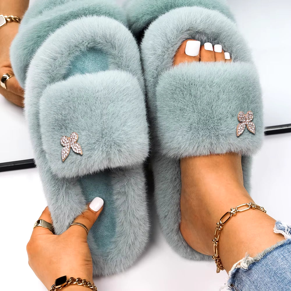 Furry Slippers Fur Slides Faux Fur Flip Flops Cute Ladies Butterfly Home Slippers Platform Soft Sandals Flats Winter Shoes 2022