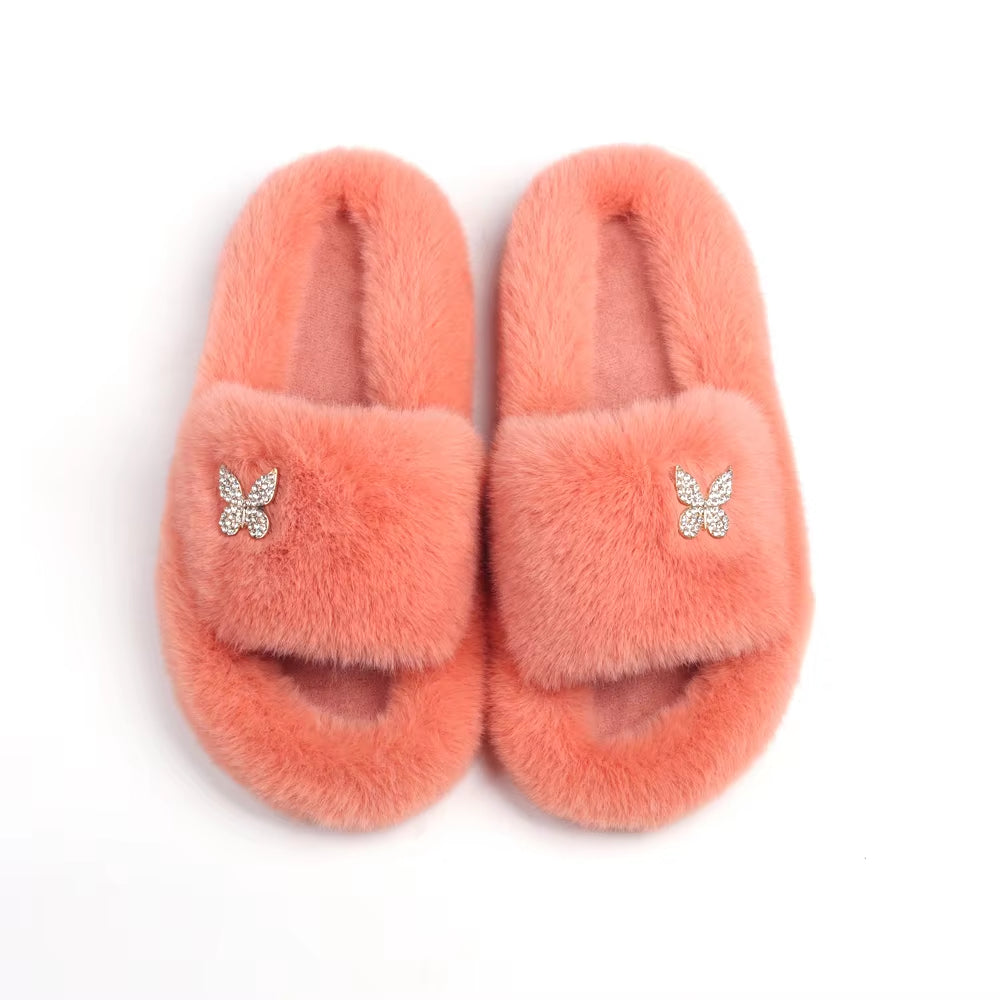 Furry Slippers Fur Slides Faux Fur Flip Flops Cute Ladies Butterfly Home Slippers Platform Soft Sandals Flats Winter Shoes 2022