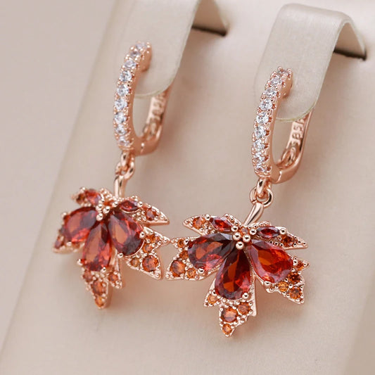 Original Design Shiny Red Natural Zircon Maple Leaf Earrings for Women Fashion 585 Rose Gold Color Fall Daily Fine Jewelry