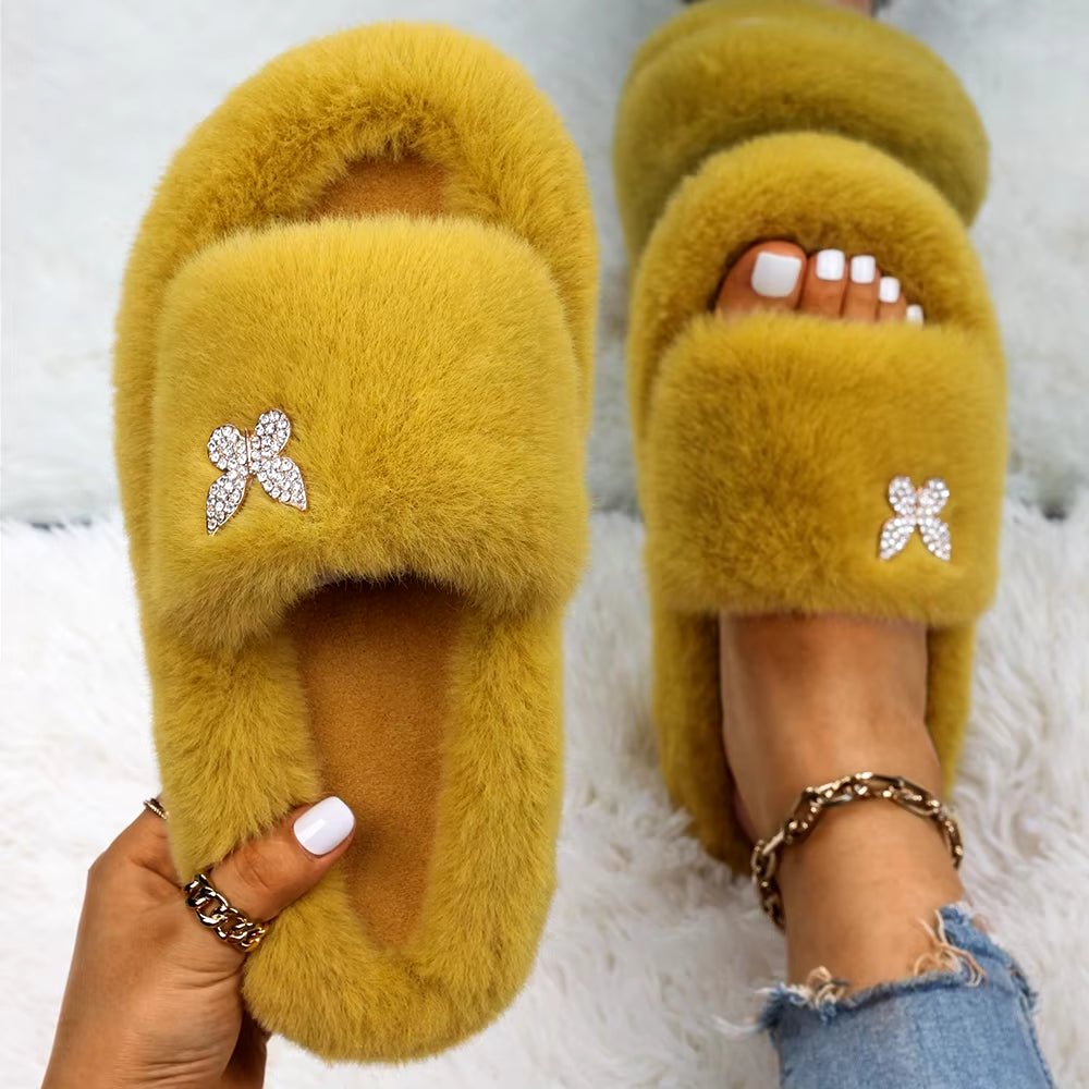 Furry Slippers Fur Slides Faux Fur Flip Flops Cute Ladies Butterfly Home Slippers Platform Soft Sandals Flats Winter Shoes 2022