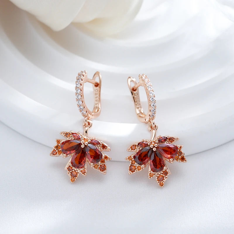 Original Design Shiny Red Natural Zircon Maple Leaf Earrings for Women Fashion 585 Rose Gold Color Fall Daily Fine Jewelry