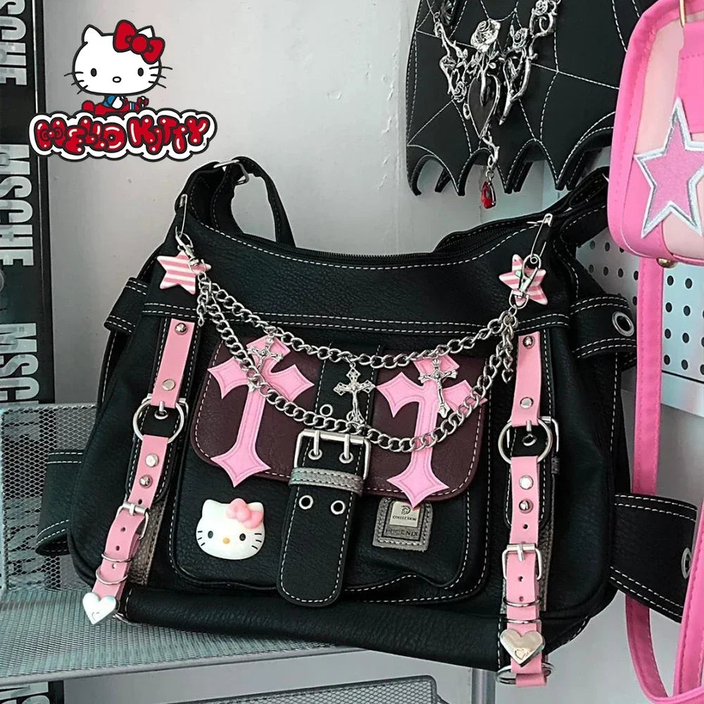 Hello Kitty Sanrio Gothic Punk Vintage Pink Cross Chains Crossbody Bags for Women Toys Hot Girl Handbag Y2K Trend Tote Bag Gift