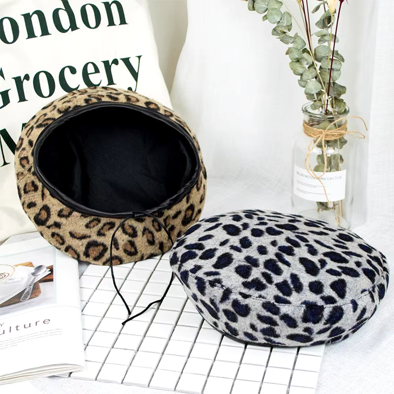 Women'S Leopard Print Hat Fashion Beret Vintage Hats Leopard Felt Hat Beanie Girls Cap French Berets with Adjustable Rope