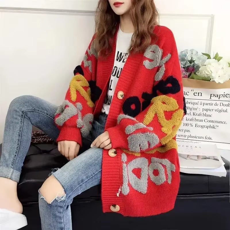 Knit Tops for Woman Red Cardigan Women'S Sweater Anime Long Clothing Y2K Vintage Korean Fashion Cashmere 2024 Style Trend Korea