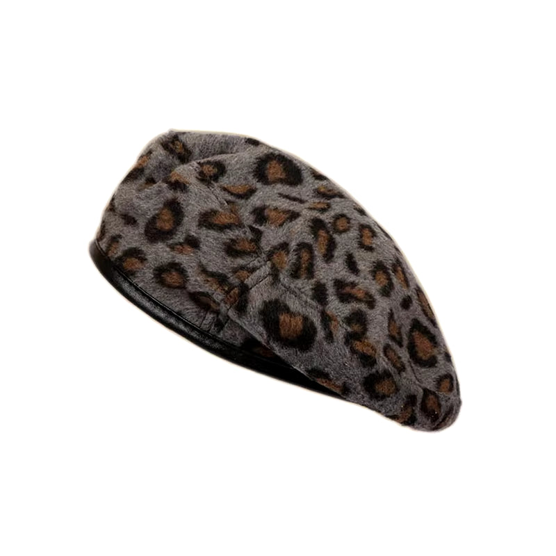 Women'S Leopard Print Hat Fashion Beret Vintage Hats Leopard Felt Hat Beanie Girls Cap French Berets with Adjustable Rope